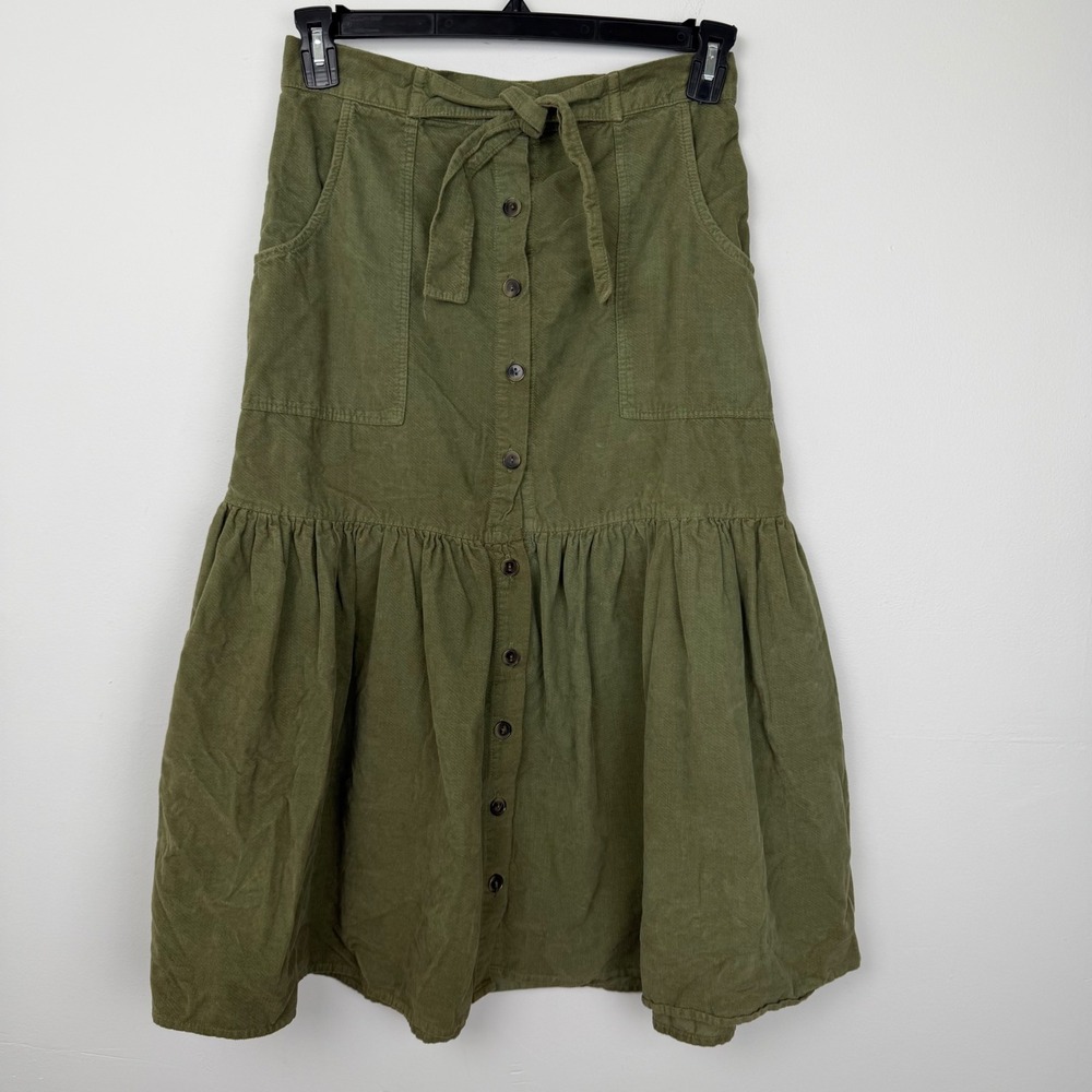 Anthropologie Amadi Olive Green Button Front Tiered Midi Skirt Sz S Made in USA - Picture 2 of 9